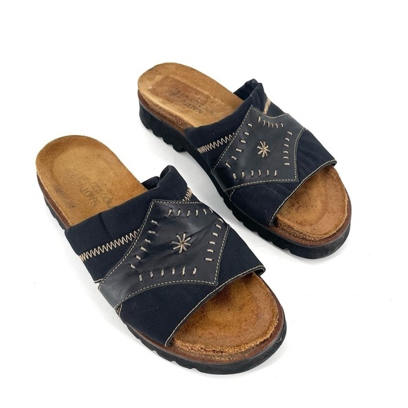 NAOT Two Tone Black Contrast Stitch Lugged Sole Leather Slide Sandals - Picture 2 of 5